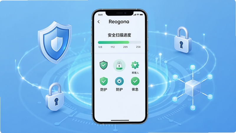 RePhone Security 软件主界面全貌展示,画面中央为手机屏幕,屏幕内显示安全扫描进度条与防护状态图标,背景为淡蓝色渐变科技感光晕,周围环绕盾牌、锁形、数据节点等安全元素,整体风格简洁明亮,适配 Boogu 模型生成