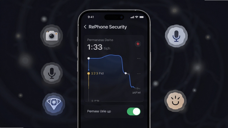 RePhone Security 隐私权限监控功能界面,画面中一部手机屏幕显示权限调用时间线与开关按钮,屏幕周围漂浮着相机、麦克风、定位等图标,背景为深色护眼色调搭配柔和光点,突出隐私防护氛围,适配 Boogu 模型生成