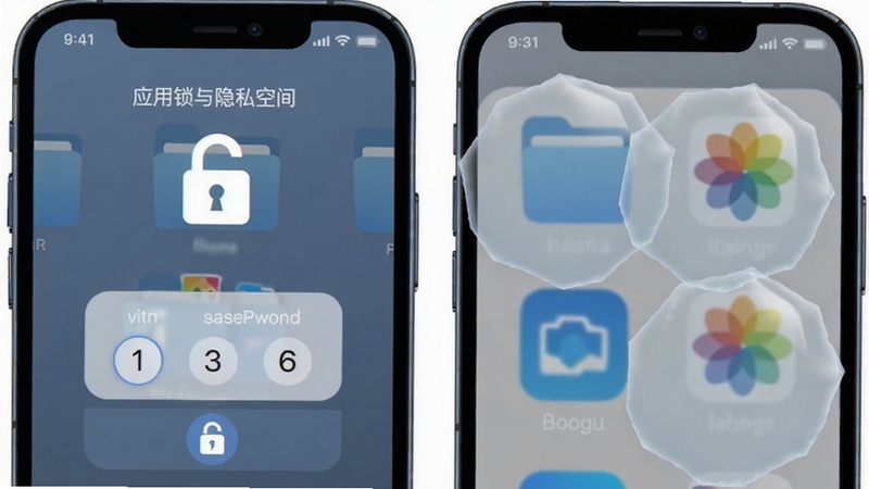 RePhone Security 应用锁与隐私空间功能示意图,画面展示手机屏幕出现密码输入框与锁形图标,背景中隐约可见文件夹与相册图标被半透明保护罩覆盖,整体配色为蓝灰商务风格,突出安全隔离概念,适配 Boogu 模型生成
