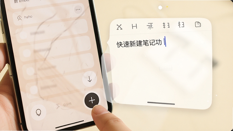 备忘录iNote 快速新建笔记功能展示图,画面左侧为手机界面特写,手指正点击屏幕右下角的圆形新建按钮,右侧浮现半透明的编辑面板,面板内有光标闪烁和文字输入示意,背景为淡米黄色,整体色调温暖柔和,突出便捷操作感