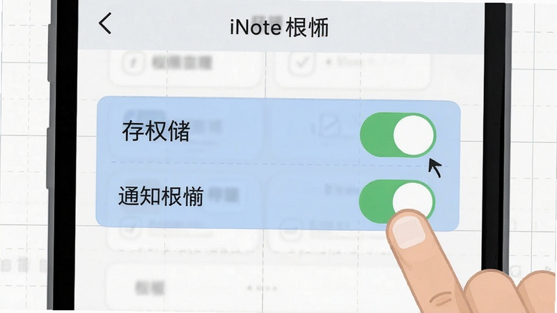 备忘录iNote 安装权限设置示意图,画面展示手机屏幕上的应用权限管理页面,高亮显示存储权限和通知权限的开关按钮,旁边有手指点击的示意动作,背景为纯白色带浅灰网格线,风格偏向扁平化教学插图