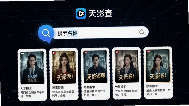 天影查全网短剧聚合搜索功能展示图,画面中央为搜索框输入短剧名称,下方弹出多个搜索结果卡片,每张卡片显示剧集封面和简介,背景为深色科技感网格,突出搜索图标和天影查Logo,风格简洁明快