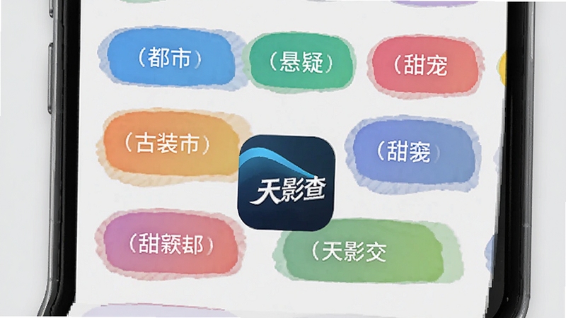 天影查智能分类筛选界面示意图,画面展示手机屏幕内多个彩色分类标签整齐排列,标签包括都市、古装、悬疑、甜宠等,背景为浅灰色,风格清新简约,画面中带有天影查应用图标