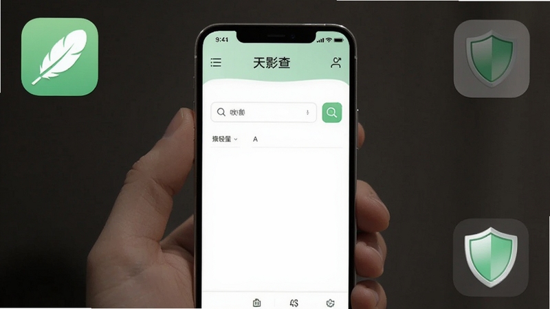天影查轻量无广告界面展示图,画面为手机屏幕显示简洁的搜索页面,背景干净无弹窗,角落有羽毛和盾牌图标象征轻量与安全,整体色调为白色和浅绿色,突出天影查应用名称