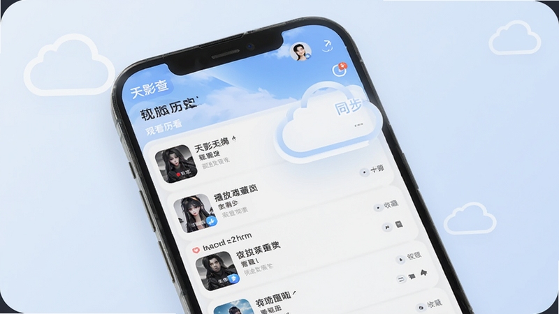 天影查播放记录与收藏同步功能展示图,画面为手机屏幕显示观看历史列表和收藏夹,带有云同步图标和用户头像,背景为淡蓝色渐变,整体风格柔和清爽,包含天影查软件名称