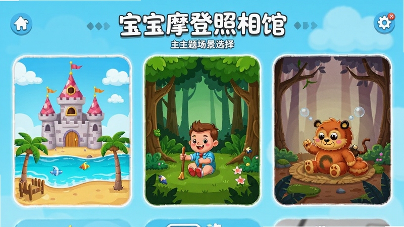 宝宝摩登照相馆 主题场景选择界面 展示多个不同风格的拍照背景卡片,有城堡、海滩、森林等,卡通风格,色彩明亮