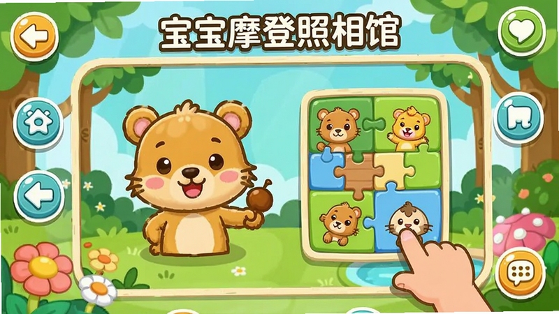 宝宝摩登照相馆 益智小游戏界面 展示一个找不同或拼图游戏的画面,卡通动物角色,界面友好,适合儿童
