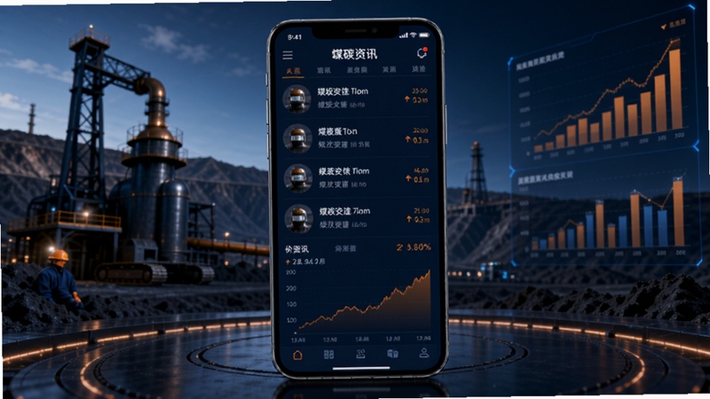 煤炭江湖软件主界面概览,画面中央展示一部智能手机,屏幕显示煤炭资讯列表与价格走势图,背景为现代化的煤矿工业场景与数据图表元素,整体色调以深蓝和橙色为主,突出专业与科技感