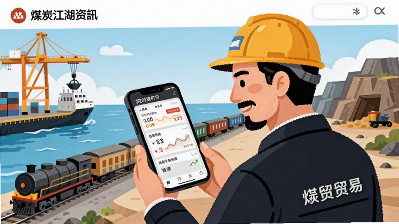 煤炭江湖资讯页面截图风格插画,画面中一位煤炭贸易商正在查看手机上的实时煤价信息,周围环绕着港口、火车运输和矿区元素,风格简洁明快,突出信息聚合的特点