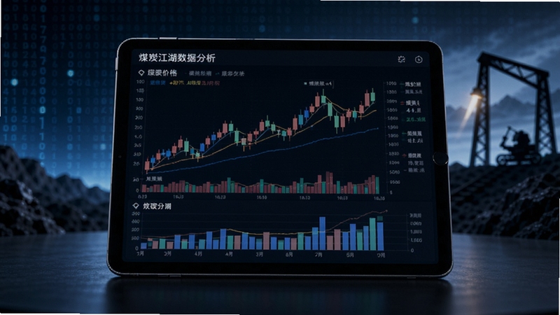 煤炭江湖数据分析界面,画面中央是平板电脑显示着复杂的煤炭价格K线图和柱状图,背景是抽象的数字矩阵和矿井轮廓,整体呈现专业数据分析氛围