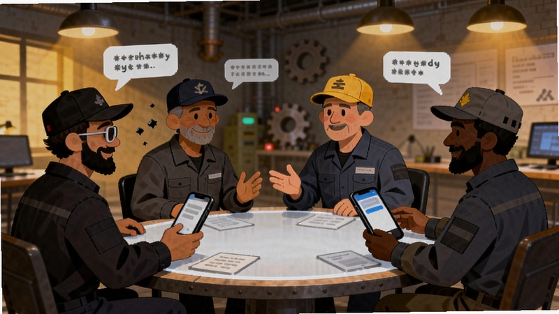 煤炭江湖社区交流场景插画,画面中多位不同职业的煤炭从业者围绕一个虚拟圆桌交流,手机屏幕浮现对话气泡,背景是温暖的灯光和工业风格的办公室