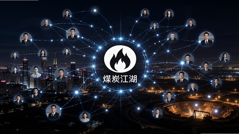 煤炭江湖用户社区概念图,画面展示一个巨大的虚拟网络连接着无数个代表煤炭从业者的光点,中心是煤炭江湖的LOGO图标,背景是璀璨的城市夜景与矿区灯光交相辉映,寓意百万用户共享信息