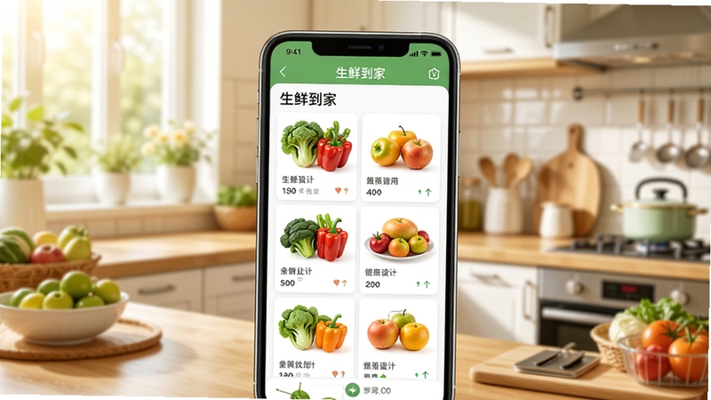 生鲜到家软件主界面展示,画面中央为手机屏幕内呈现新鲜蔬菜水果商品列表,背景为温馨家庭厨房场景,整体色调明亮清新,突出便捷购物体验