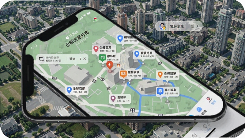 生鲜到家app界面中展示附近门店地图分布,手机屏幕显示多个门店标记与配送距离,背景为城市社区俯瞰图,风格简洁现代