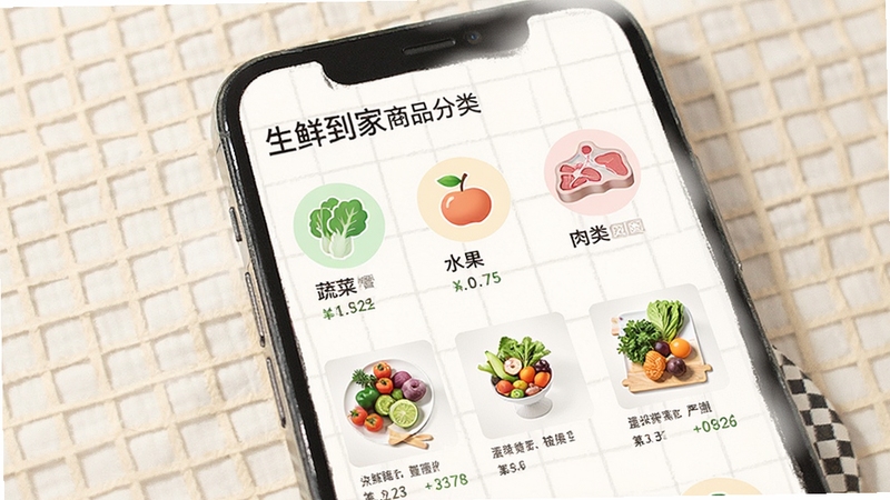 生鲜到家商品分类页面展示,手机屏幕内呈现蔬菜、水果、肉类等分类图标与商品缩略图,背景为浅色网格纹理,突出分类清晰