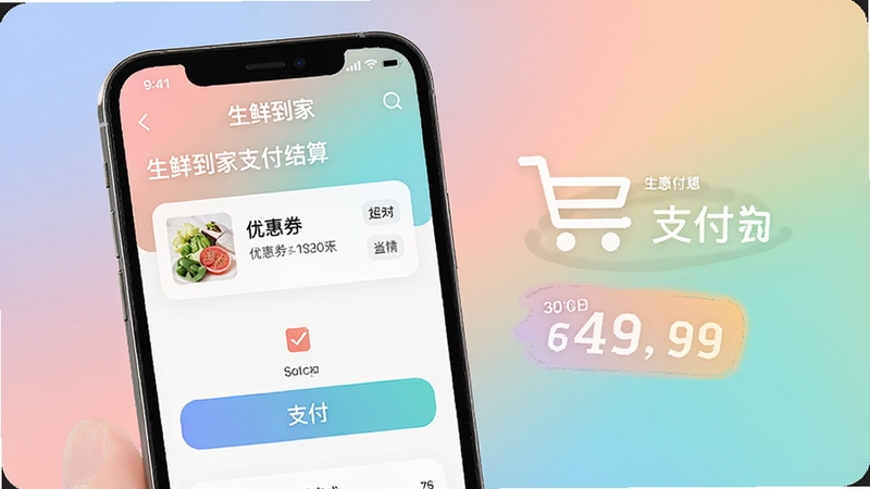 生鲜到家支付结算页面,手机屏幕显示优惠券勾选与支付方式选择,背景为柔和渐变色彩,突出优惠省钱氛围