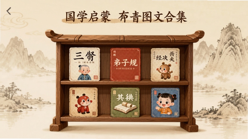 国学启蒙有声图文合集界面截图,画面中央是古风书架造型的软件主界面,书架上整齐排列着三字经、弟子规等经典封面,背景是淡雅的米黄色水墨山水画,整体色调温暖柔和,适合儿童早教场景