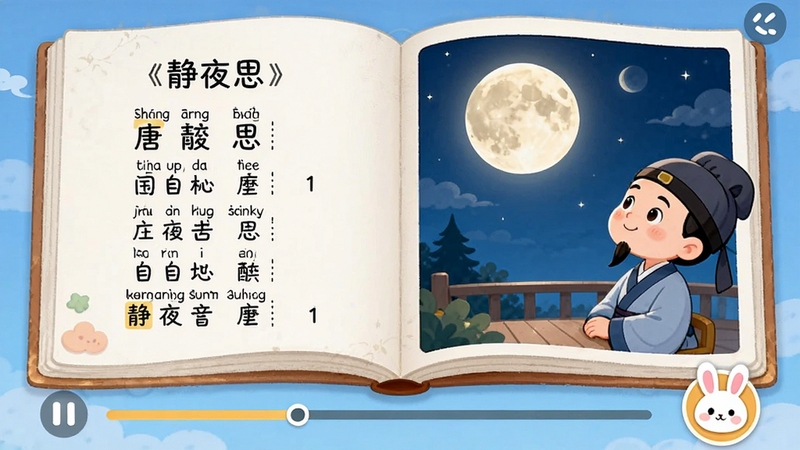 国学启蒙有声图文合集播放界面,画面中心是一本翻开的电子绘本,左边是唐诗《静夜思》的文字和拼音标注,右边是月光下诗人望月的卡通插画,底部有播放进度条和可爱的兔子图标按钮,整体风格清新童趣