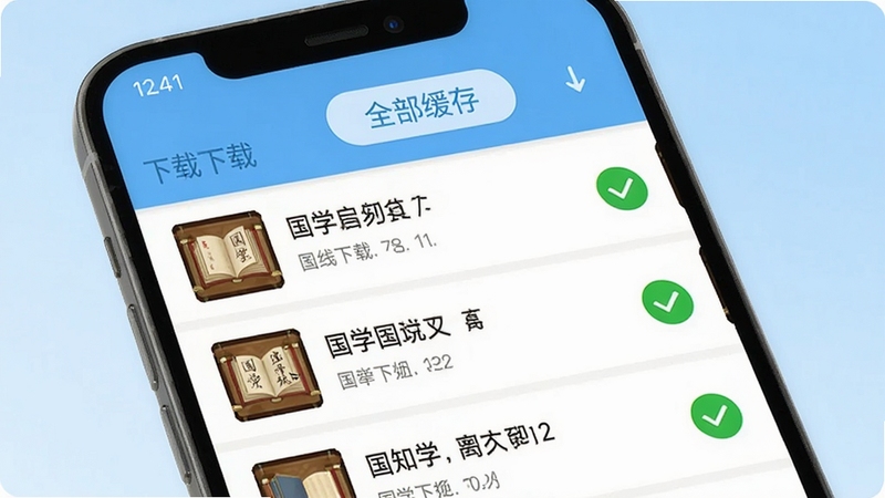 国学启蒙有声图文合集离线下载页面,画面展示手机屏幕中软件内的下载管理列表,多个国学音频条目右侧显示已下载的绿色对勾图标,顶部有“全部缓存”按钮,背景是浅蓝色渐变,突出便捷的离线学习功能