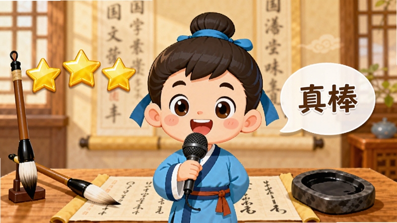 国学启蒙有声图文合集跟读评测界面,画面中央是一个卡通小书童举着麦克风,旁边显示三颗金色星星评分和“真棒”的语音气泡,背景是古色古香的私塾场景,有毛笔和砚台点缀,色彩明快活泼