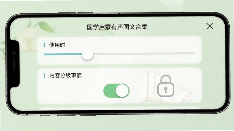 国学启蒙有声图文合集家长控制界面,画面展示手机端的设置面板,包含使用时长滑块、内容分级开关和密码锁图标,背景是柔和的淡绿色,整体布局简洁清晰,体现安全管控功能