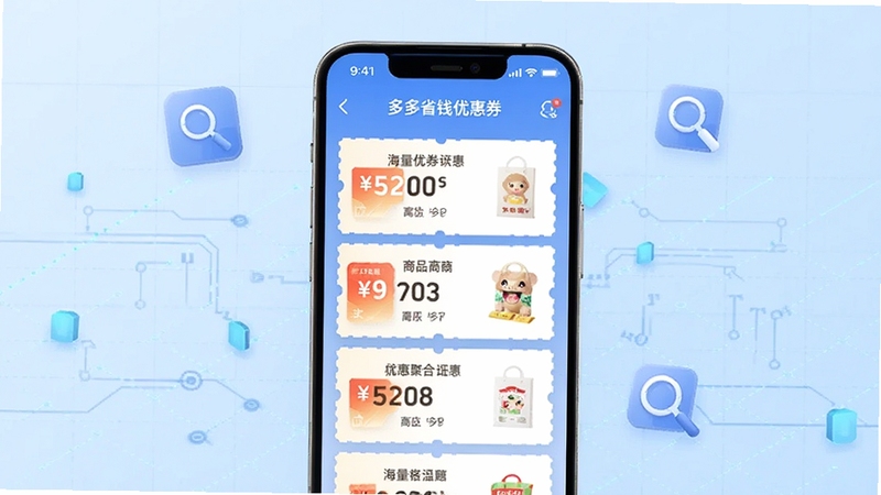 多多省钱优惠券海量优惠券聚合功能展示,画面主体为手机屏幕中排列整齐的优惠券卡片,每张卡片标注不同面额与商品类别,背景为浅蓝色科技感网格,周围漂浮着搜索图标与放大镜元素,整体风格简洁现代,适配Boogu模型生成
