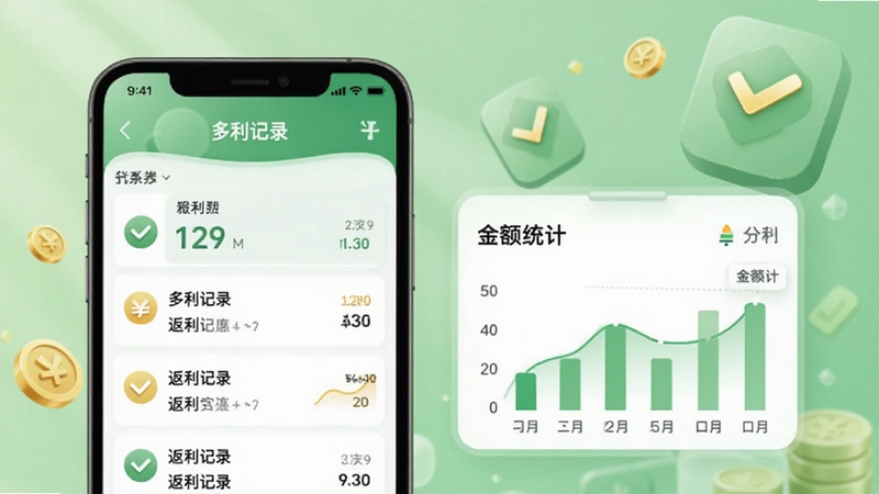 多多省钱优惠券返利与省钱明细页面展示,画面主体为手机屏幕显示返利记录列表与金额统计图表,背景为柔和的绿色调,点缀金币与对勾图标,整体风格清晰直观,适配Boogu模型生成