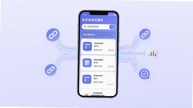 多多省钱优惠券智能搜索匹配功能示意图,画面中央为一部手机,屏幕上显示搜索框与匹配结果列表,旁边有链接图标与数据流线条连接,背景为淡紫色渐变,整体风格科技感十足,适配Boogu模型生成