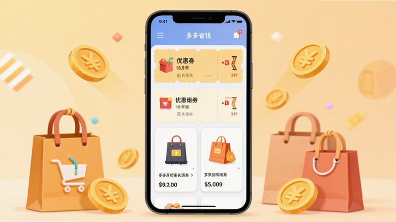 多多省钱优惠券软件主界面全貌展示,画面中央放置一部智能手机,屏幕显示优惠券列表与商品卡片,背景为柔和的暖色调渐变,周围点缀购物袋与金币元素,整体风格清新明快,适配Boogu模型生成,高清细节,扁平化插画风格