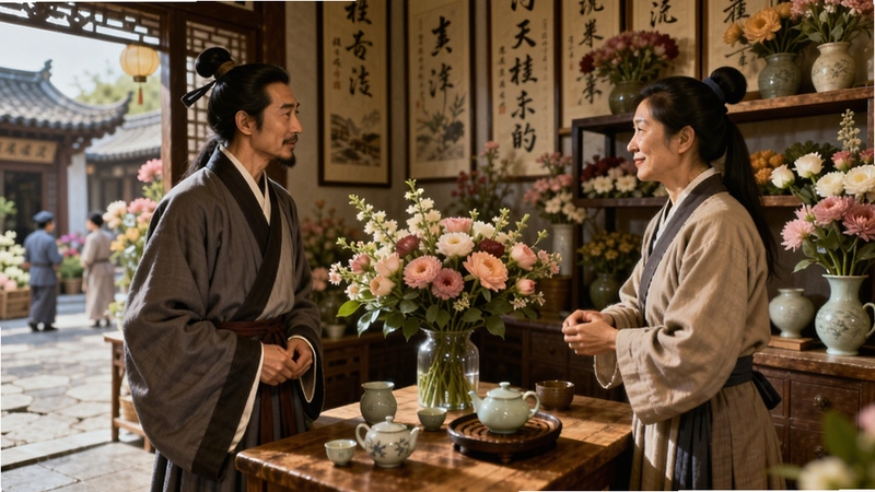 我在古代开花店 角色互动场景,画面展示花店内一位古装文人与店主交谈,桌上摆放着精美花束和茶具,背景是挂满字画的墙壁和摆放花卉的架子,窗外可见古代街景,人物表情生动,古风色彩浓郁,温馨氛围