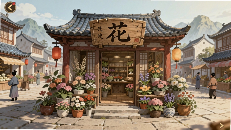 我在古代开花店 游戏主界面全景预览图,画面中央是一座古色古香的花店门面,木质招牌上写着花字,门前摆放着各色盆栽花卉,背景是繁华的古代街道,有行人穿梭,远处可见青瓦白墙的民居和远山,整体色调温暖柔和,中国古风手绘风格,细节丰富,构图开阔