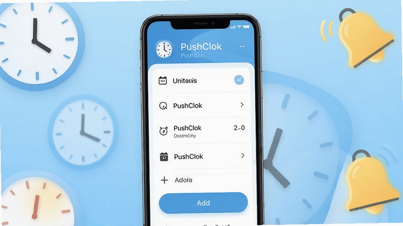 PushClok闹钟应用主界面展示图,画面中央为手机屏幕,屏幕内显示PushClok的闹钟列表与添加按钮,背景为浅蓝色渐变,周围环绕时钟图标与铃铛元素,风格简洁现代,适合软件下载站展示