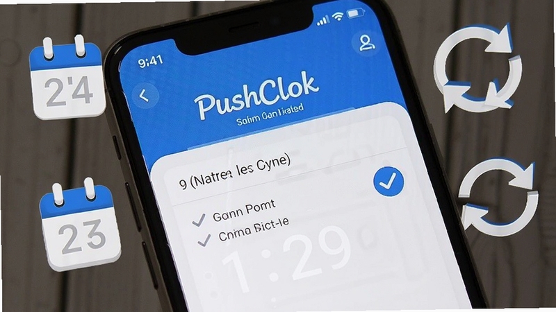 PushClok智能定时设置界面,画面展示手机屏幕中闹钟重复选项被勾选,周围有日历图标和循环箭头装饰,整体色调为蓝白相间,突出智能与便捷