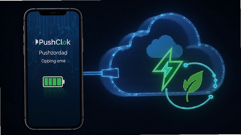 PushClok数据备份与低功耗运行示意图,手机屏幕显示备份完成提示与电池图标,背景有云存储和节能符号,风格科技感