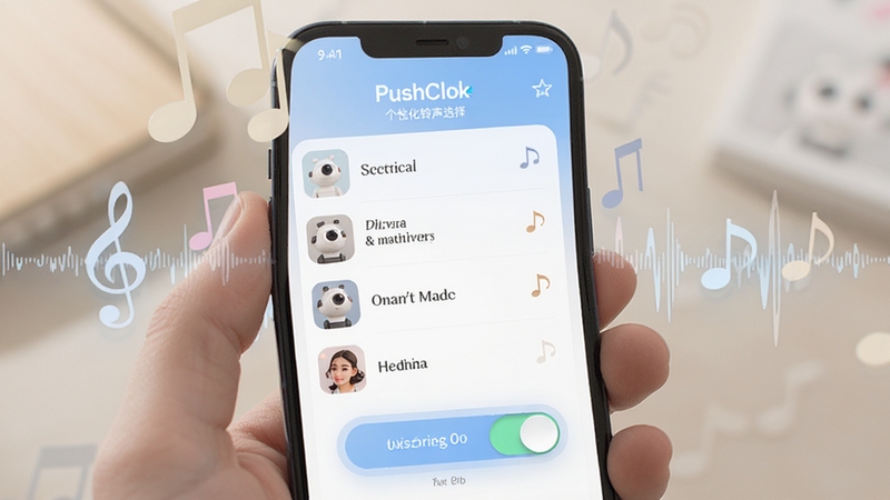 PushClok个性化铃声选择界面,手机屏幕中显示铃声列表与渐强开关,背景有音符和声波图案,风格柔和清新,体现个性化设置