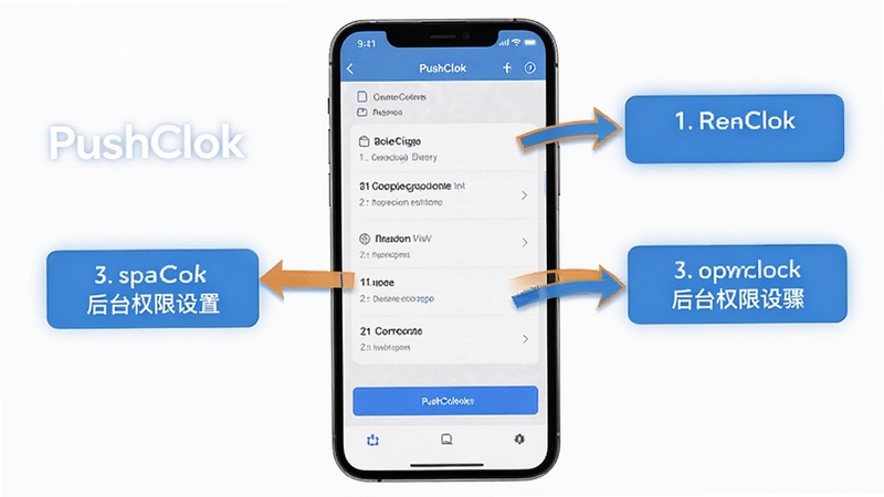 PushClok后台权限设置步骤示意图,手机屏幕显示电池优化白名单设置页面,有箭头指示操作步骤,风格清晰明了,帮助新手理解