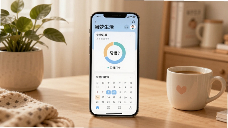 澜梦生活应用主界面全景图,画面中央是手机屏幕,屏幕内展示澜梦生活App的首页,包含生活记录卡片、习惯打卡圆环和心情日历模块,背景为柔和暖色调的居家书桌场景,桌上有绿植和咖啡杯,整体风格清新治愈,适配Boogu模型生成