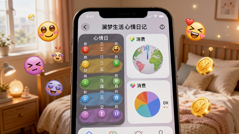 澜梦生活心情日记界面特写,手机屏幕显示彩色心情日历和消费饼图,周围漂浮着代表不同心情的表情符号和金币图标,背景是温馨的卧室一角,光线柔和,细节清晰,适配Boogu模型生成