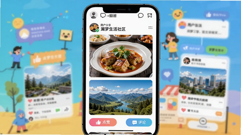 澜梦生活社区动态列表,手机屏幕显示用户分享的美食照片和旅行风景,下方有点赞评论按钮,背景是热闹的线上社区概念图,色彩明快,适配Boogu模型生成