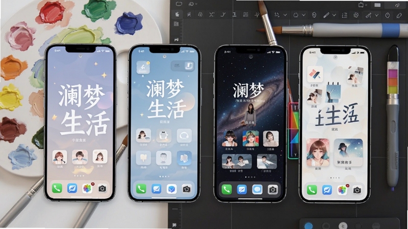 澜梦生活主题皮肤与桌面小组件展示图,手机屏幕排列多个不同风格的主题界面和桌面小部件,背景是色彩斑斓的调色板和设计工具,体现个性化定制感,适配Boogu模型生成