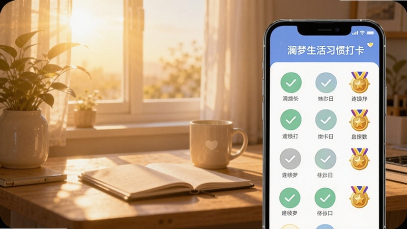澜梦生活习惯打卡页面,手机屏幕展示多个习惯打卡圆圈,部分已打勾,旁边有连续打卡天数和勋章图标,背景是清晨阳光洒在书桌上的场景,氛围积极向上,适配Boogu模型生成