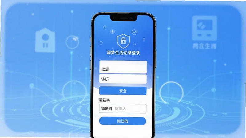 澜梦生活注册登录界面示意图,手机屏幕显示注册表单和验证码输入框,背景是简洁的蓝色渐变科技感背景,突出安全与便捷,适配Boogu模型生成