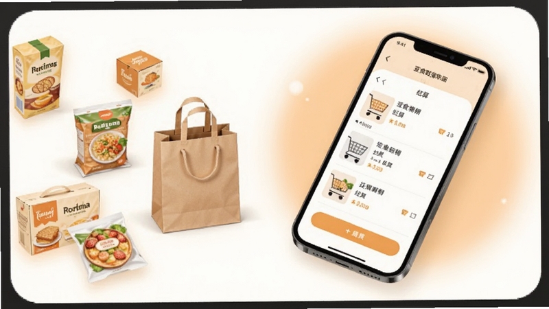��ʳ���ƶ��˲�������ʾ��ͼ����������Ϊһ�������ֻ�б���ڻ����Ҳ࣬��Ļ��չʾ���ﳵ����ҳ�棬��������Ϊů��ɫ���е���ɫ���Σ����ɢ����ʳƷ��װ���빺���Ԫ�أ���������ܰʵ�ã�����Booguģ������