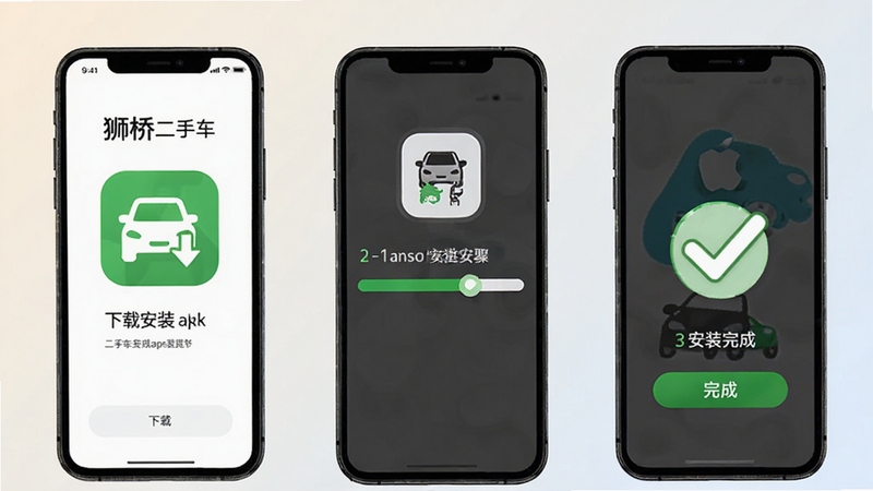 ʨ�Ŷ��ֳ�APP���ذ�װ����ʾ��ͼ������չʾ�ֻ���Ļ������apk����װ��ɵ��������裬����Ϊ����ǳɫ���䣬ͻ����װ����������ɶԹ�ͼ�꣬�����������׶�