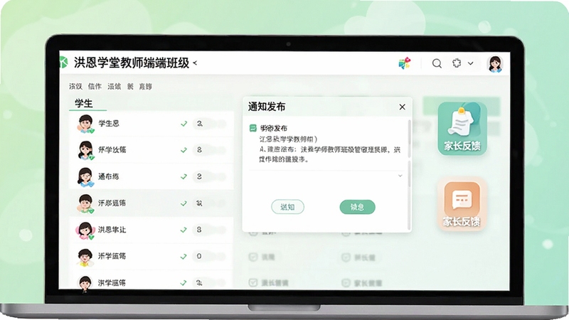 ���ѧ�ý�ʦ�˰༶�������棬����չʾѧ��������֪ͨ����������ҳ�����ͼ�꣬����Ϊ����ɫ���䣬ͻ����Ϣ������������