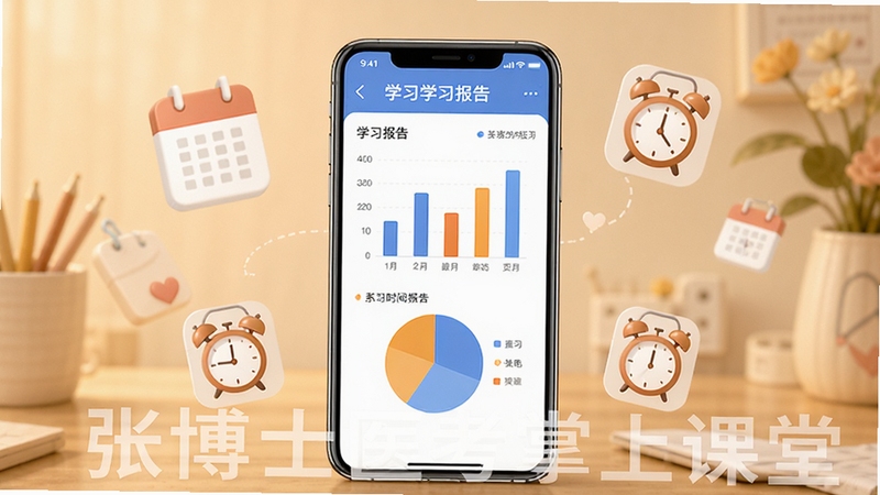 �Ų�ʿҽ�����Ͽ���ѧϰ����ͳ��ҳ�棬��������Ϊ�ֻ���Ļ��ʾ��״ͼ���״ͼѧϰ���棬��Ļ��ΧƯ������ͼ��������ͼ�꣬����Ϊ���ůɫ����ͻ��ѧϰ������ʱ��滮���ܣ����������Ų�ʿҽ�����Ͽ�����ˮӡ��ʽ�����ڻ���ײ�