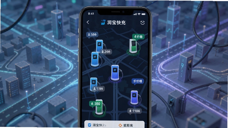 润宝快充智能找桩功能界面,手机屏幕显示地图上多个充电桩图标,旁边有距离和价格标签,背景为城市道路简化线条,科技感十足