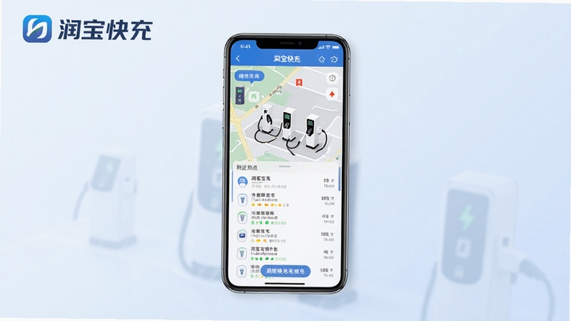 润宝快充软件主界面全貌展示,画面中央为手机屏幕,屏幕内显示充电桩地图与附近站点列表,背景为淡蓝色渐变,简洁商务风格,突出润宝快充品牌标识