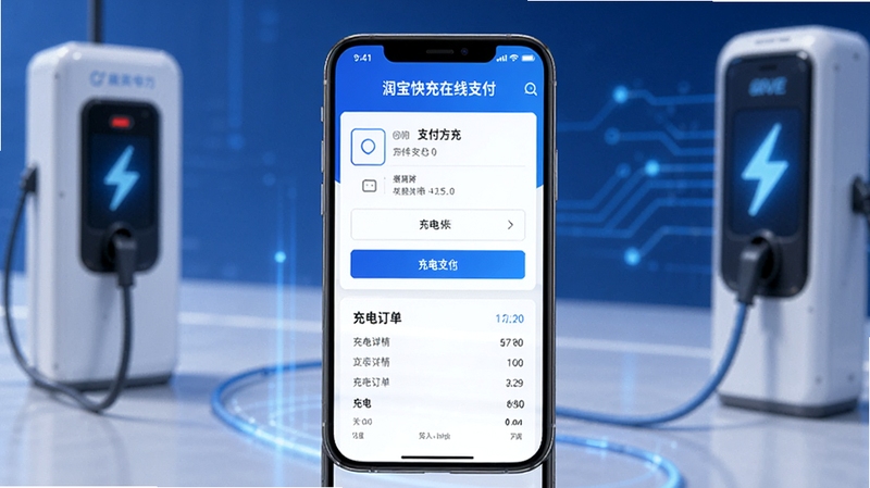 润宝快充在线支付页面,手机屏幕显示支付方式选择列表和充电订单详情,背景为简洁的金融科技风格,色调以蓝色和白色为主