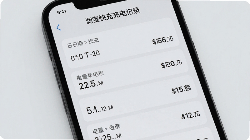 润宝快充充电记录页面,手机屏幕显示历史充电订单列表,包含日期、电量和金额,背景为浅灰色极简风格,突出数据清晰可读
